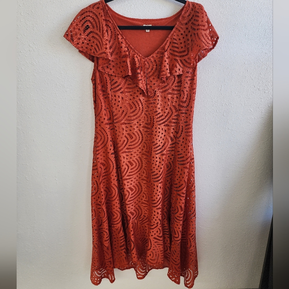 Reba Rust Orange Eyelet Ruffle Midi Dress Size XL - Picture 2 of 6